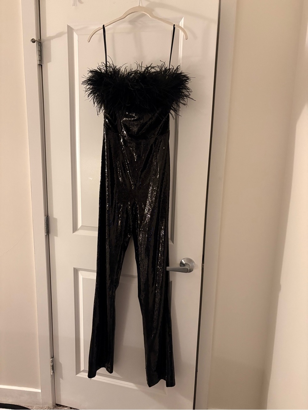 Black Feather Trim Sequin Jumpsuit